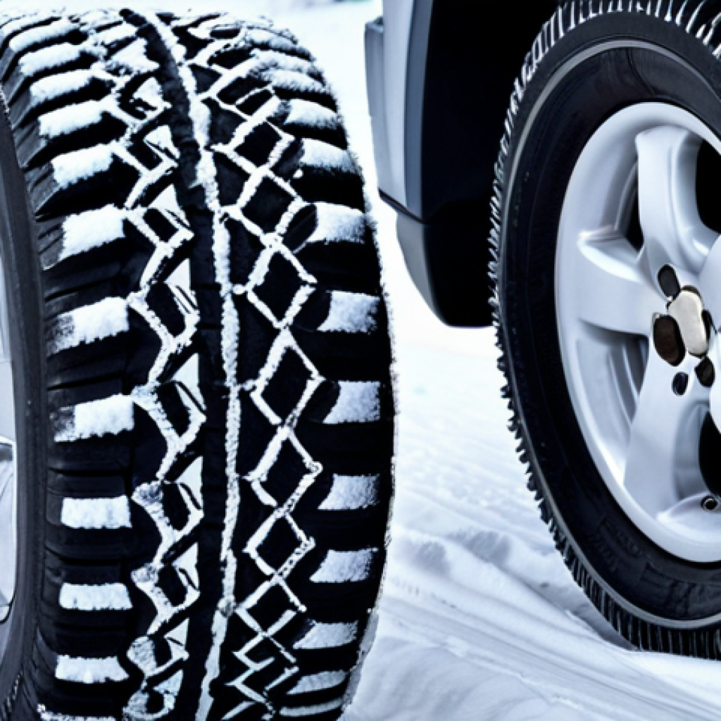 **Image Prompt:** Close-up of winter tires, one studded and one friction (non-studded), on a snowy Finnish road. Focus on the tread depth and the difference between the two types of tires. Emphasize safety and grip in winter conditions.