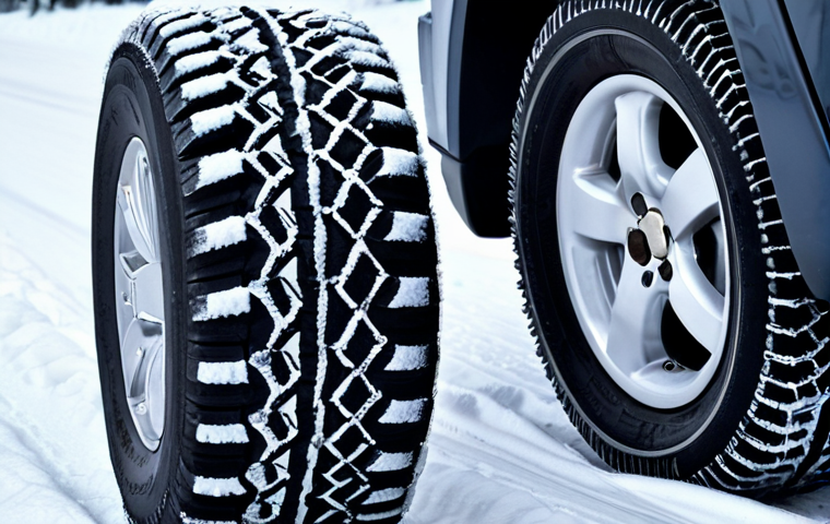 **Image Prompt:** Close-up of winter tires, one studded and one friction (non-studded), on a snowy Finnish road. Focus on the tread depth and the difference between the two types of tires. Emphasize safety and grip in winter conditions.