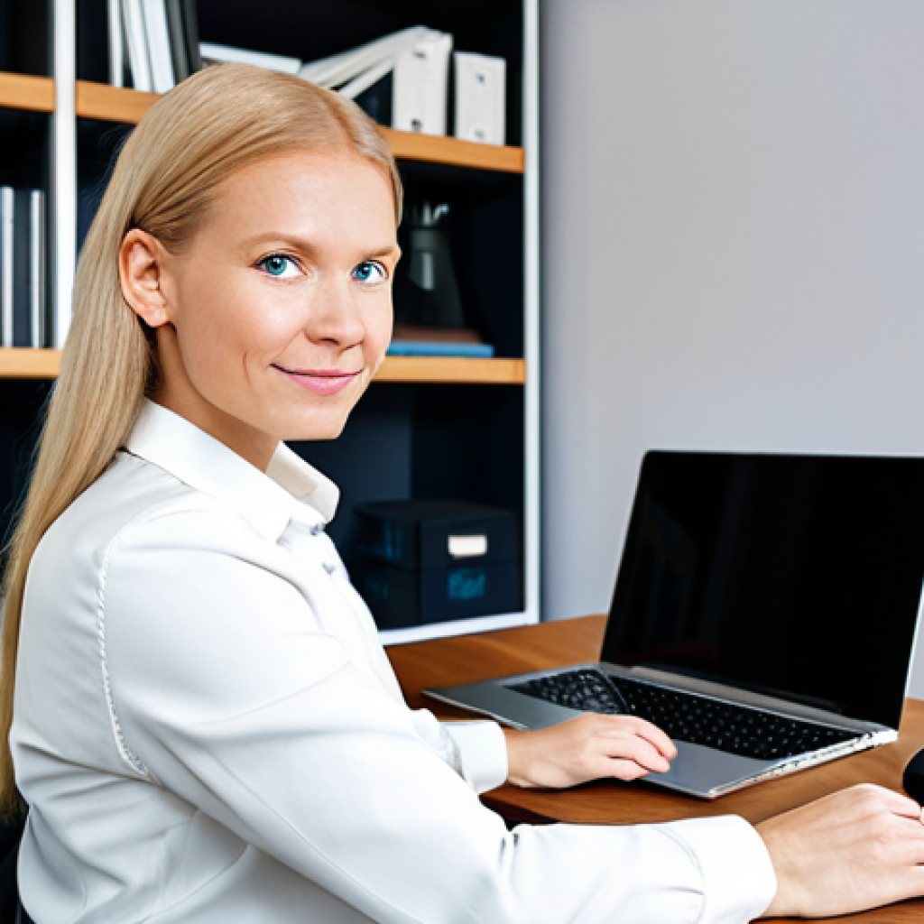 **

"A Finnish freelancer businesswoman working from a modern home office, fully clothed in appropriate business attire, safe for work, perfect anatomy, natural proportions, high-quality photography, professional setting, laptop on desk, bookshelf in background, modest clothing, family-friendly."

**