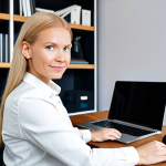 **

"A Finnish freelancer businesswoman working from a modern home office, fully clothed in appropriate business attire, safe for work, perfect anatomy, natural proportions, high-quality photography, professional setting, laptop on desk, bookshelf in background, modest clothing, family-friendly."

**
