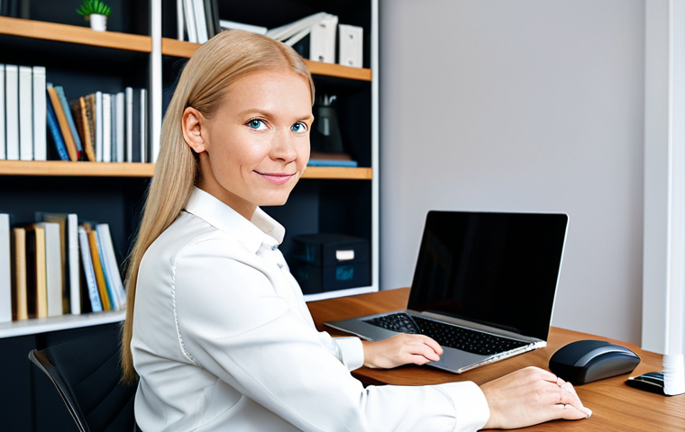 **
"A Finnish freelancer businesswoman working from a modern home office, fully clothed in appropriate business attire, safe for work, perfect anatomy, natural proportions, high-quality photography, professional setting, laptop on desk, bookshelf in background, modest clothing, family-friendly."
**